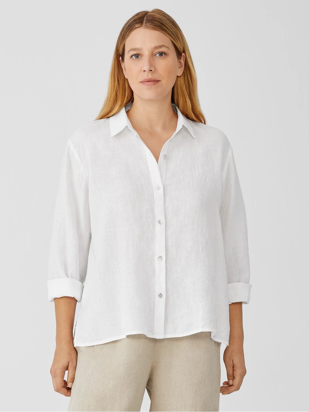 Eileen Fisher 100% Organic Cotton  White Linen Button-Down Shirt - M